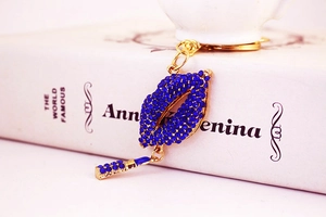 Detailed view of red lips keychain with dark blue rhinestones and lipstick pendant