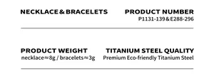 Spécifications de l'ensemble bijoux en titane avec poids et détails du modèle