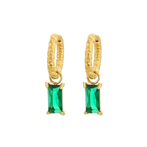 Textured gold hoops with rectangular emerald zircon pendants in a vintage luxury style