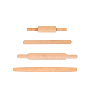 4-piece solid wood rolling pin set with handles and tapered designs on white background