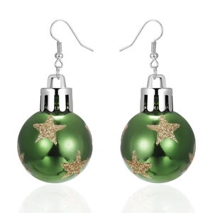 Detail of green Christmas ball earrings with golden stars and silver metal hooks