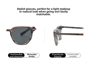 Detail of square brown transparent frame sunglasses showing metal hinges and temples