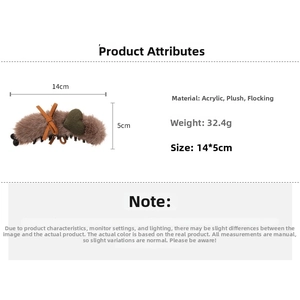 Detailed size and specs for acrylic plush heart hair clip in brown with 14x5cm dimensions