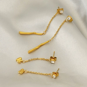 Stainless Steel Dangle Earrings 18K Gold Plated Zircon Heart Wave Long Chain Tassel For Women Minimalist Fashion Jewelry