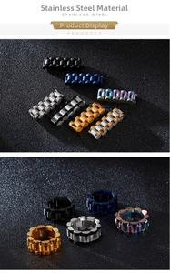 Close-up of presidential style watch band rings in multiple stainless steel finishes