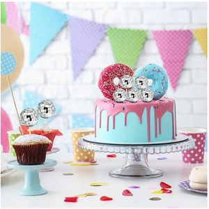 Silver mirror disco ball cake toppers with wooden sticks for party cake decorations