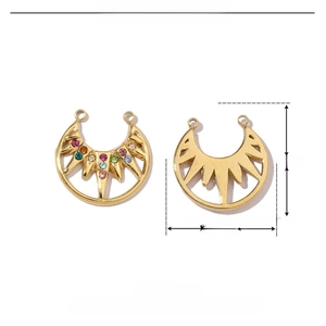 Detail view of gold stainless steel crescent pendant with colorful rhinestones and dimensions