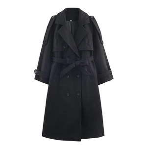 Classic black double-breasted wool coat for women with stylish waist belt and lapel collar