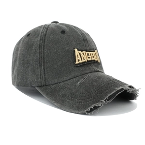 Distressed dark grey baseball cap with golden ANGEL embroidery and torn details