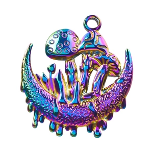 Macro shot of 304 stainless steel rainbow mushroom and crescent moon pendant detail