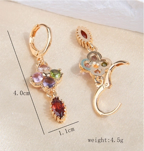 Detailed view of colorful zircon drop earrings with dimensions 4.0cm height and 4.5g weight