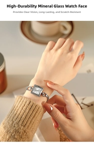 Detail of square quartz watch with mineral glass and unique silver chain bracelet