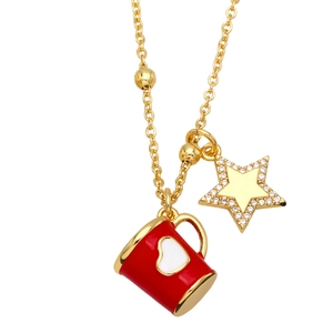 Star and red enamel coffee mug double pendant necklace in gold plated finish