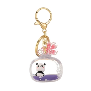 Panda liquid keychain with purple oil and cherry blossom charm for backpacks