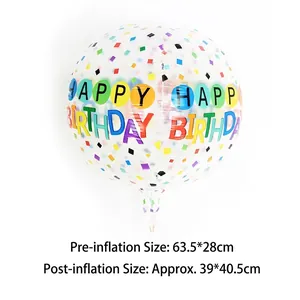 Clear 22-inch 4D sphere balloon with Happy Birthday text and colorful polka dots