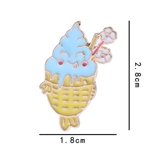 Cartoon ice cream enamel pin with smiley face and white flower detail, 2.8cm x 1.8cm size