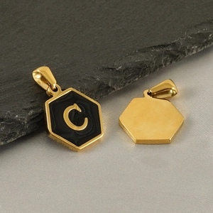 Minimalist gold stainless steel hexagon C pendant necklace with black enamel detail