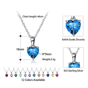 S925 sterling silver heart necklace with 9mm light blue cubic zirconia three-prong setting