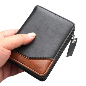 Classic bi-fold PU leather wallet for men in black and brown stitching with zipper cord