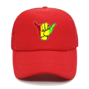 Detail of red trucker hat featuring breathable mesh and colorful shaka hand sign