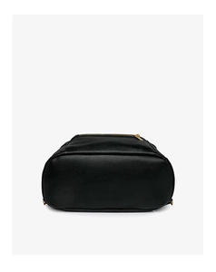 Close-up of black leather backpack base with clear litchi texture and fine stitching detail