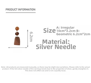 Size chart showing dimensions for vintage wood geometric drop earrings with silver pins