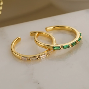 Minimalist gold-plated open rings with green and white baguette-cut zircon stones