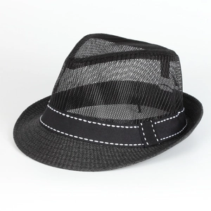 Close-up of black breathable mesh fedora hat with elegant white stitched ribbon detail