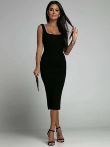 Close-up of the ribbed knit fabric texture and slim fit of this black sleeveless dress