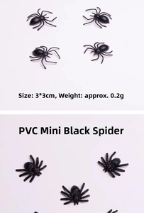 Detail view of mini PVC spiders for Halloween prank with dimensions of 3x3cm