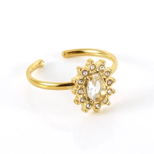 Close-up of golden sunflower ring with oval crystal and sparkling pave stones