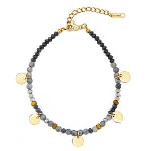 Beaded sunburst bracelet with black and grey stones and golden stainless steel charms