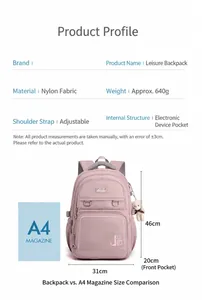 Roze nylon rugzak detailweergave met A4-magazine vergelijking en exacte afmetingen