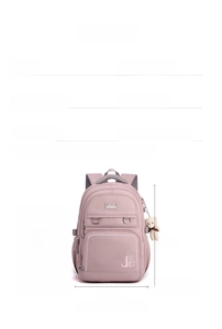 Pink nylon backpack detail showing size comparison with A4 magazine and bag dimensions