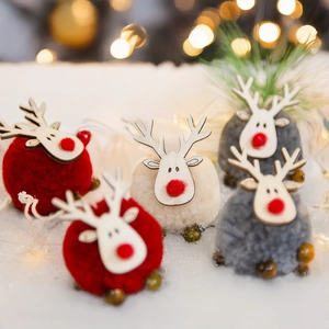 Set of five handmade wool felt reindeer ornaments for Christmas tree decor in red and grey