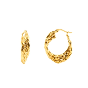 Close-up of golden multi-layered twisted hoop earrings with detailed metal texture