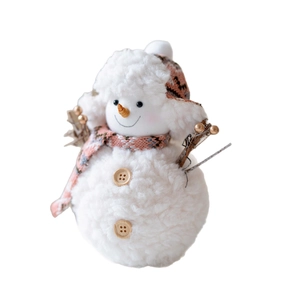 Pink plush knitted Christmas snowman figurine with wooden buttons on white background