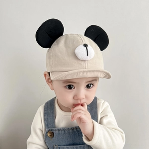Cute beige infant baseball cap with soft brim and black 3D animal ear design