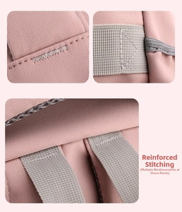Vista macro dettagliata delle cuciture rinforzate di uno zaino scolastico rosa per bambini