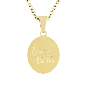Golden stainless steel oval necklace with Carpe Diem engraving on a Cuban link chain
