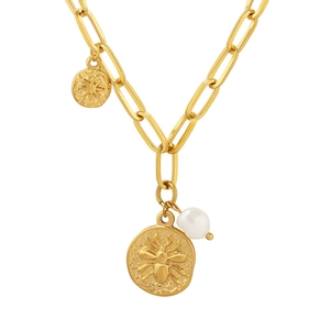 Gold paperclip chain necklace with insect relief pendant, star charm and pearl