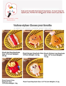 Detailed plush food charms with metal keychains showing soft textures and cute faces