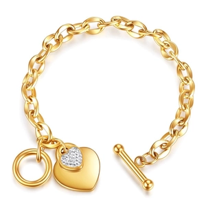 Gold titanium steel link bracelet with dual heart charms and OT toggle clasp closure