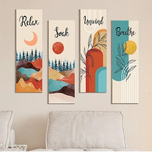 Detailed view of four rustic bathroom wood wall plaques with Relax Soak Unwind Breathe text