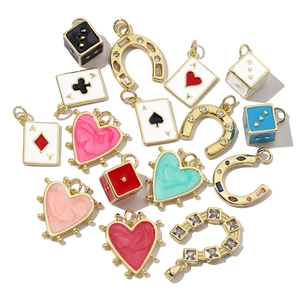 Gold plated heart and dice charms with colorful enamel and sparkling zircon stones