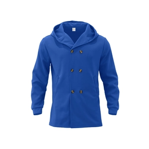 Detail of royal blue hooded jacket featuring double-breasted closure and knit texture
