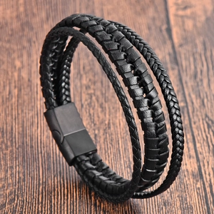 Men Woven Leather Bracelet 316L Stainless Steel Magnetic Clasp Multi-layer Braided Rope Punk Rock Handmade Jewelry