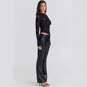 Slim fit black lace long sleeve top with corset design and matching leather pants