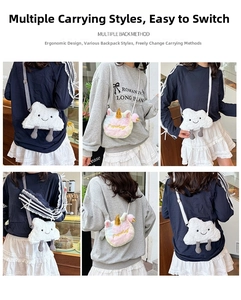 Multiple ways to wear the cute cloud and unicorn plush crossbody bags in coffee shop