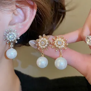 Elegant Snowflake Artificial Pearl Drop Earrings With 925 Sterling Silver Earring Post Zirconia Winter Theme Jewelry For Women